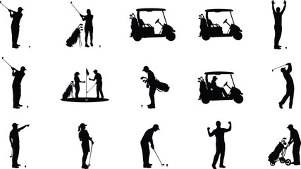 Silhouette golfers playing golf, swing poses, golf cart icons, golfer actions, sports illustration, isolated on white background, golf activity set, professional recreation design elements © Mursalatun