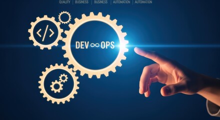 DevOps Concept with Gears and Hand Reaching Out on a Dark Blue Background, Representing Software Development and Operations