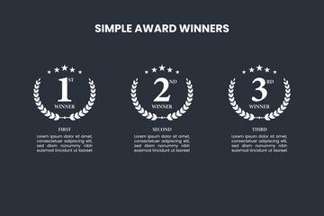 Simple award winners layout with first, second and third place laurel wreath badges, ideal for ranking, achievement, competition and success design