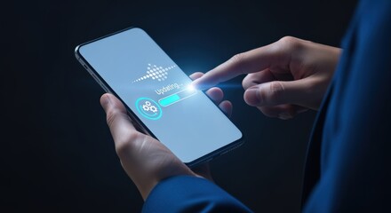 Smartphone Update Progress: Close-up of Hand Touching Screen During Software Installation for Improved Functionality