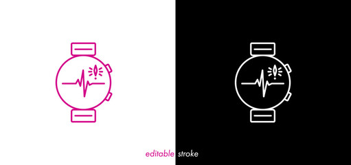 Round smart watch with medical cardiogram notice. Health care editable stroke icon illustration to use for medical emergency, medical care projects.