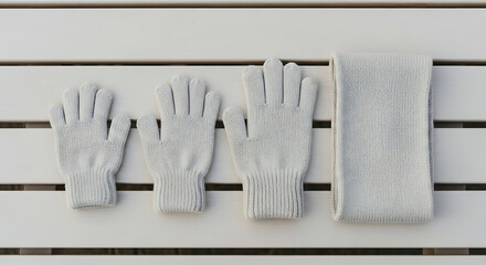 Knitted Gloves and Scarf Arranged on Wooden Bench