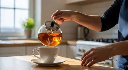 Person Pouring Tea Into Cup in Kitchen