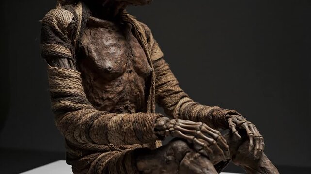A mummified human figure sits, wrapped in fabric against a dark backdrop