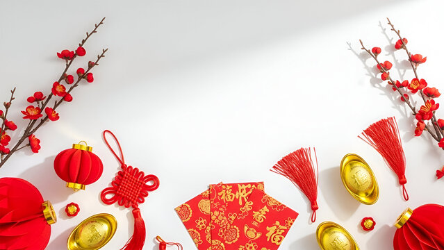 Chinese New Year festive decorations with red envelopes and gold ingots on a white background, top view with copy space.