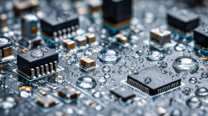 Macro circuit board with water droplets