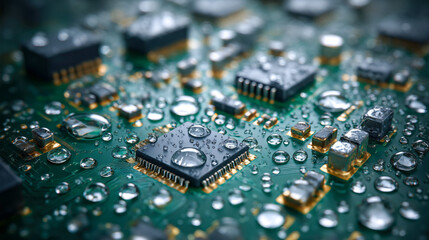 Macro Shot Water Droplets on Circuit Board