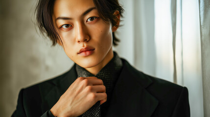 Portrait of a person in a blazer adjusting collar