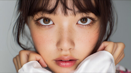 Macro portrait of a young woman with freckles