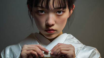 Portrait of a woman in white silk holding a small purse close up