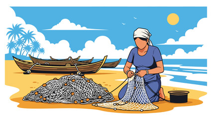 Modern vector illustration of traditional fisherman repairing fishing nets on sandy shore with boats and palm trees, heritage fishing culture and coastal livelihood concept