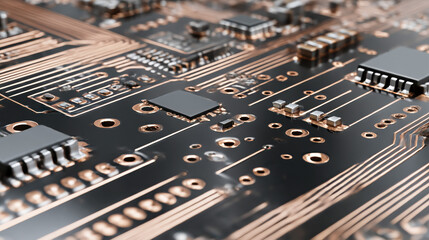 Macro of a circuit board with copper traces and components