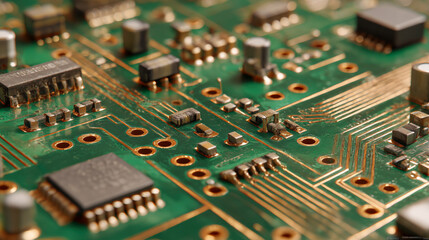 Macro of a green printed circuit board with components