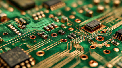 Macro view of a green circuit board with microchips and circuitry