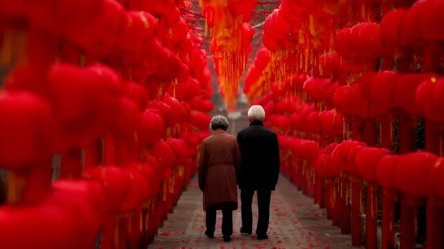 Chinese lunar new year holiday celebration. Spring festival tradition. Chunjie. Asia. red lanternsred lanterned walkway with two elderly individuals walking away from the camera.