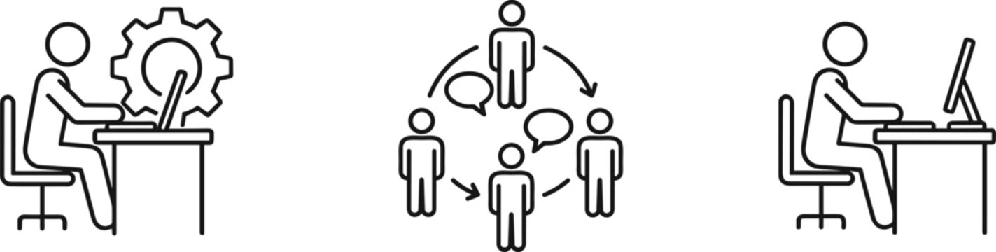Business workflow and teamwork line icons set with person working at desk with gear communication between people and employee using computer workstation