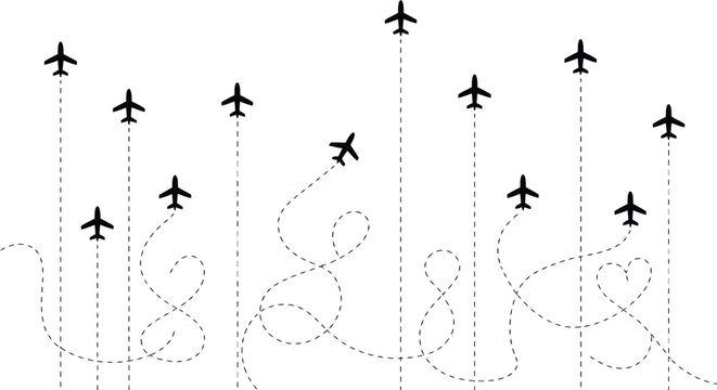 Multiple Airplanes Flying Upwards with Winding Dotted Flight Path Lines