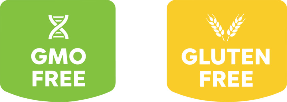 GMO Free and Gluten Free vector badge icons for food packaging labels organic healthy products certification stickers and isolated marketing elements for nutrition