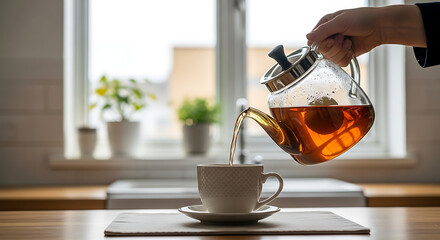 Person Pouring Tea From Glass Teapot Into White Teacup in Bright Kitchen