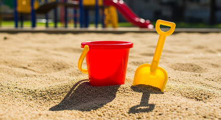 Red Bucket and Yellow Shovel on Sandy Playground