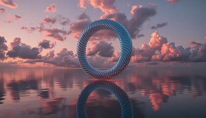Abstract 3D Silver Metallic Torus Ring Floating over Calm Ocean at Sunset with Dramatic Clouds
