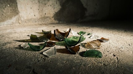 Scattered shards of reclaimed glass fragments on a rough concrete surface, illuminated by subtle lighting.