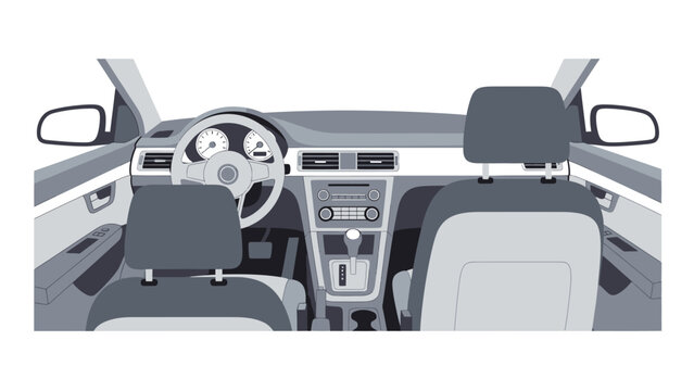 Car Interior View: Dashboard, Steering Wheel and Seats