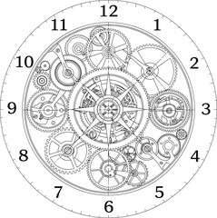 Naklejka premium Vintage clock face with Roman numerals and complex internal mechanical gear system technical line art illustration vector for time concept.