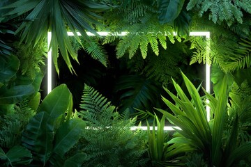 Neon frame glowing among lush tropical leaves, modern jungle scene with vibrant greenery and light contrast, ideal for nature design, eco branding, nightlife, and futuristic botanical concepts.