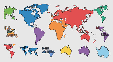 Colorful world map illustration with continents in different colors and labels on a gray background with geography and globe and cartography © Fozlul