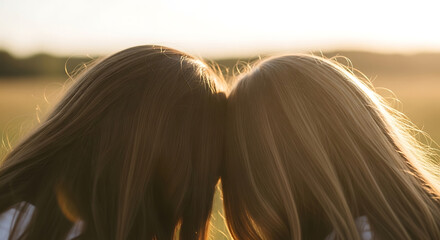 Two Friends Resting Heads Together in Warm Sunset Field