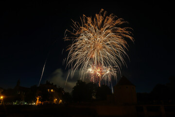 A vibrant close-up view of colorful fireworks lighting up the night sky over Besan&ccedil;on, France. This dynamic image captures sparkling details, bright explosions, and festive energy, perfect for themes 