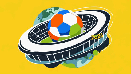 Global Football Tournament Celebrates 2026 Championship with Stadium and World Iconography