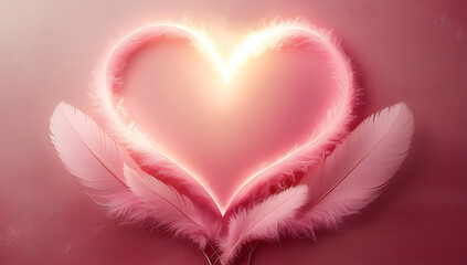 Glowing pink heart made of feathers on pink background
