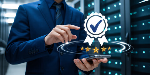 Businessman interacting with smartphone technology in data center