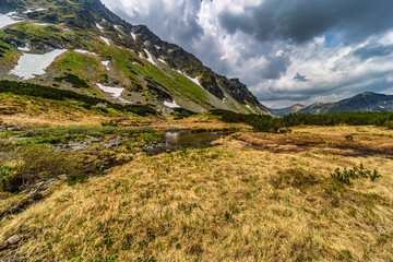 Scenic hiking path heading towards Nizne Temnosmrecinske pleso in Slovakia. High mountain ridges with green pine bushes and granite peaks under a bright blue sky. Pure alpine nature in the heart of Ta