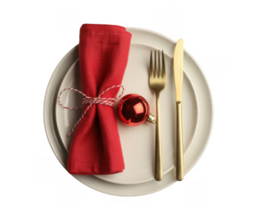 Christmas table setting with red napkin and ornament isolated on a transparent background