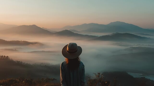 Woman wide-brim hat back view misty mountains golden hour fog layers scenic vista travel adventure nature outlook
