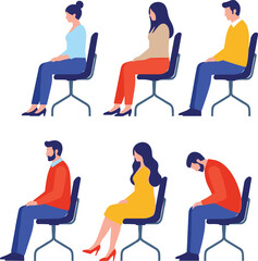 Fototapeta premium Flat vector illustration set of people sitting in chairs showing diverse postures for office waiting room and ergonomic themes