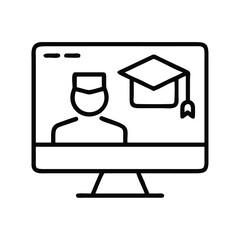Online Education Icon with Computer Screen and Graduation Cap for E-learning and Webinars