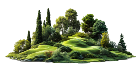 Lush green hillside landscape isolated on white background