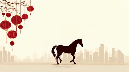 Chinese lunar new year holiday celebration. Spring festival tradition. Chunjie. Asia. A stylized depiction of a horse, rendered in a simplistic yet elegant manner.