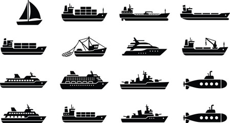 Collection of ship silhouettes, various boats, cargo ships, yachts, submarines, fishing vessels, marine transport icons, navy ships, maritime industry, ocean transportation, vector illustration,  © Sawda's World