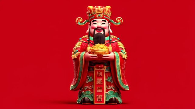 Chinese lunar new year holiday celebration. Spring festival tradition. Chunjie. Asia. 3D rendered traditional Chinese deity figurine with gold ingots.