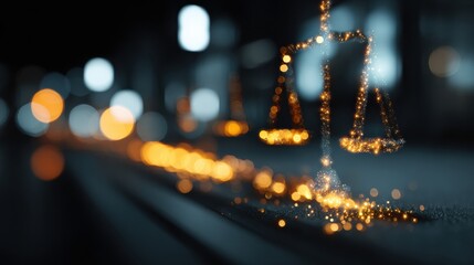 Abstract Digital Pathway Representing Internet Compliance With Glowing Scales of Justice at Night