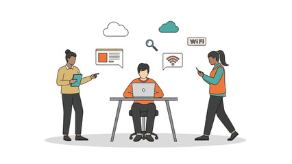 Teamwork, collaboration, and digital communication in modern office