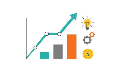 Business Growth Chart with Idea Bulb, Gears, and Coin