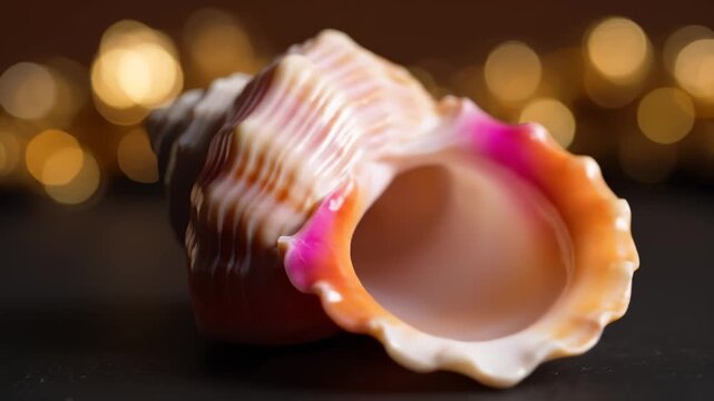 Large Conch Shell Slowly Rotating Against Bokeh Lights Backdrop