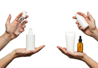 Well-groomed light-skinned male hands gently holding sleek unbranded cosmetic products against a transparent background with copy space, professional men's skincare concept