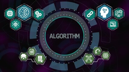 Algorithm concept with circular digital interface and technology icons showing logic processing, computation, automation, and data driven systems. - Powered by Adobe